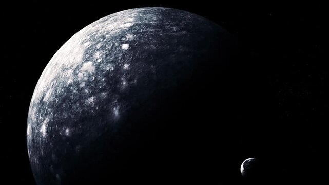 Large rocky planet and small moon floating in dark space