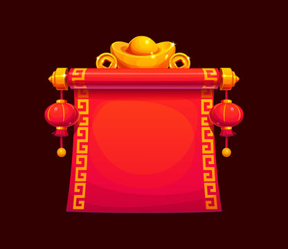 Chinese red parchment scroll or vintage paper manuscript and Asian banner. Chinese red parchment scroll with gold yuan coins, golden sycee ingot and lantern lamps for Chinese Lunar New Year holiday