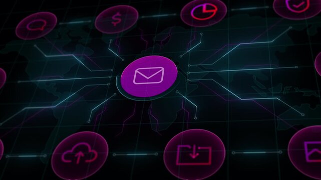 Angled perspective view of an encrypted email node transmitting data across world circuit networks.