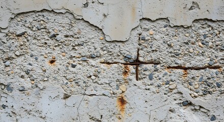Fototapeta premium Grunge Damaged Concrete Wall Texture Background with Exposed Rusty Rebar