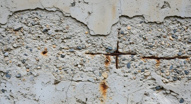 Grunge Damaged Concrete Wall Texture Background with Exposed Rusty Rebar