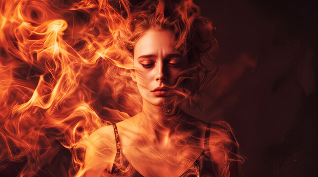 Surreal portrait of young woman surrounded by swirling orange smoke and fire. Conceptual representation of internal struggle or intense passion.