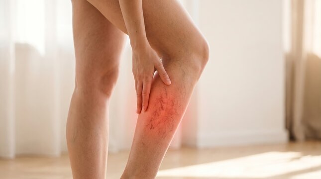 Varicose Leg Veins and Pain &mdash; Medical Illustration Concept, Glowing Orange Highlight on White Background