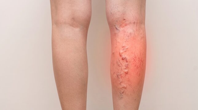 Varicose Leg Veins and Pain &mdash; Medical Illustration Concept, Glowing Orange Highlight on White Background