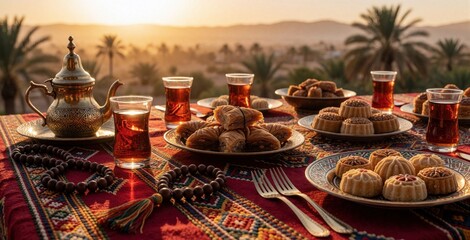 Fototapeta premium Ramadan iftar table spread with traditional sweets, hot tea outdoors at sunset. Baklava plates, dates sit on patterned cloth with prayer beads. Middle Eastern food feast during holy month fasting