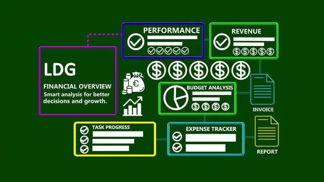 Business LDG  Interface Animation with Financial Overview, Performance, Revenue, Budget Analysis and Expense Tracker 4K Motion Graphics.