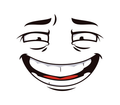 Cartoon face with malicious smile emotion and cunning look expression emoji. Cartoon face smile with content and insincere happy emotion, hokey cheerful cute and tricky sly comic expression emoticon