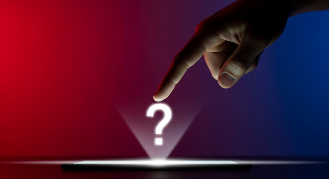 Hand touching a glowing question mark. Digital interface showing a query symbol.