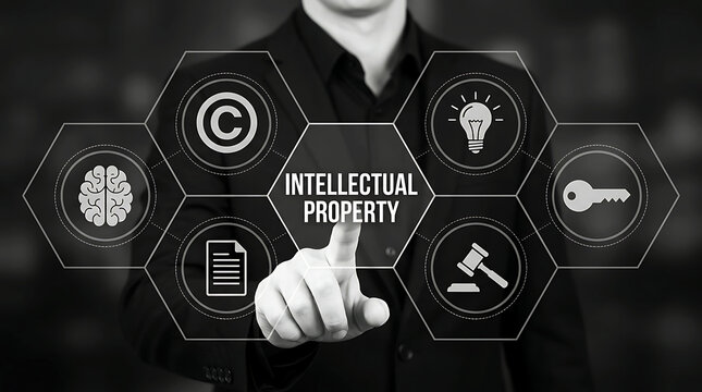 Businessman touching intellectual property icon network for copyright protection