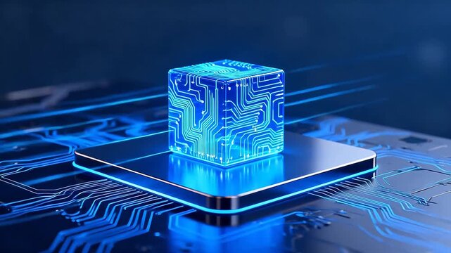 Blue glowing circuit cube on board