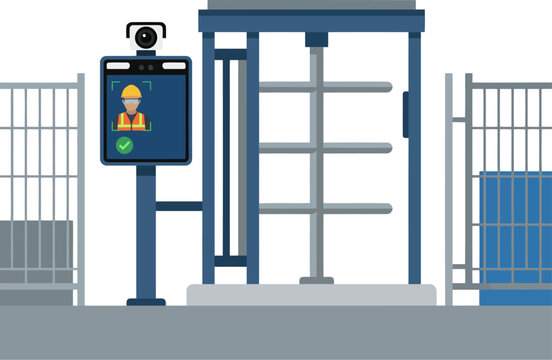 An access control gate with PPE compliance scanning. A worker wearing a hard hat and safety glasses is granted access. Modern, clean design.
