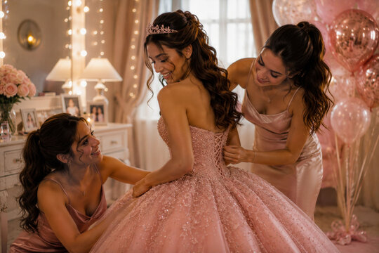 Sweet Sixteen Girl Preparing for Her Birthday Party as Friends Fasten Her Sparkling Pink Ball Gown in an Elegant Room Decorated With Balloons