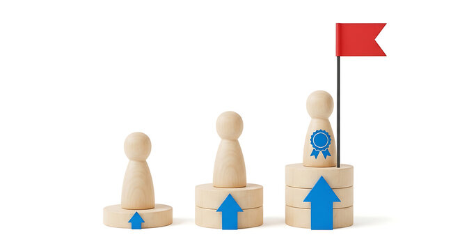 Wooden figures on podiums with arrows. Business growth and career success concept.