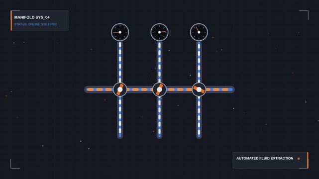 Animated manifold system schematic showing automated fluid extraction process on a modern digital industrial dashboard