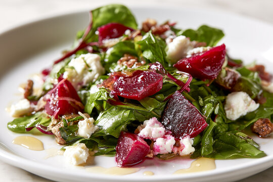 Salad greens with pickled beetroot, goat cheese, and honey