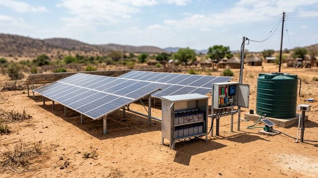 Outdoor renewable energy microgrid with solar modules, battery bank, inverter, water tank, and circuit breakers in Africa