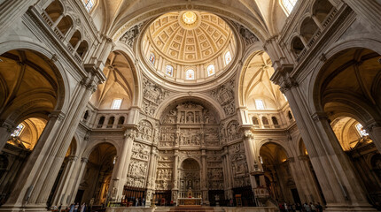 Naklejka premium Ornate cathedral interior with grand dome and arches.