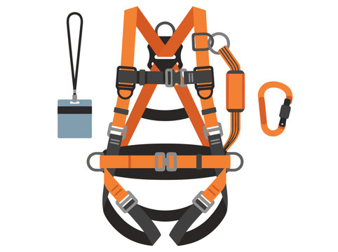 Construction worker wearing a safety harness and fall protection gear. Detailed illustration showcasing safety equipment. Bright, clean design for commercial use.