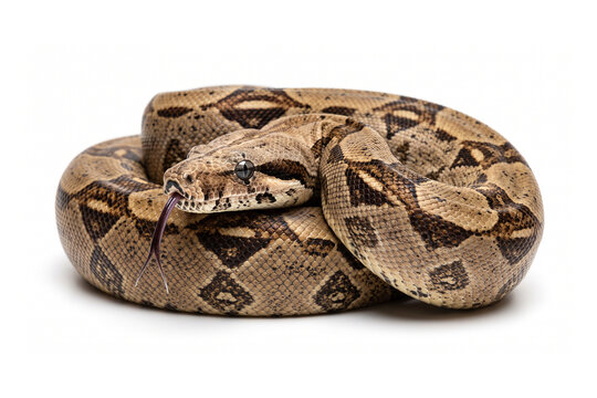 Close-up portrait of a large boa constrictor snake coiled up on a clean white background with cold blooded constrictor wildlife predator herpetology venomous constricting