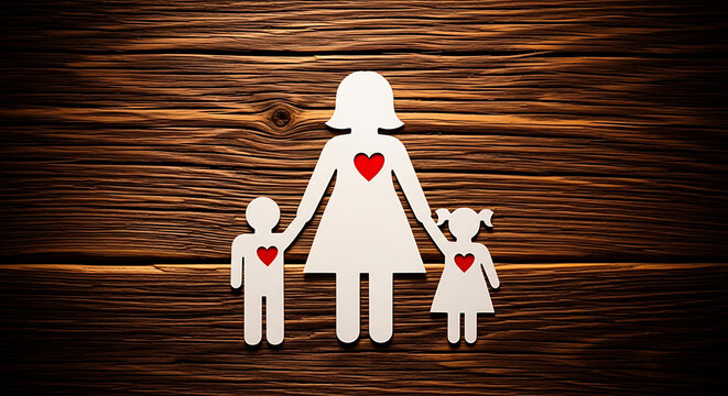 Paper cutout family with red hearts. Symbol of love and parenting on wooden background.