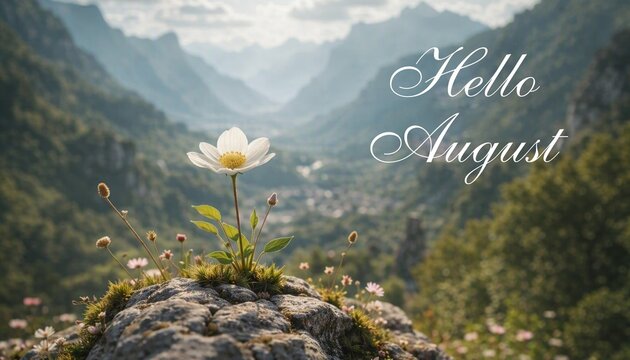 Hello August &mdash; white flower blooming on a rocky mountain ledge with a valley and distant peaks under soft daylight. Seasonal greetings, calendars, postcard, social media post.