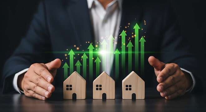 Businessman protecting wooden houses. Real estate growth concept with rising green arrows.