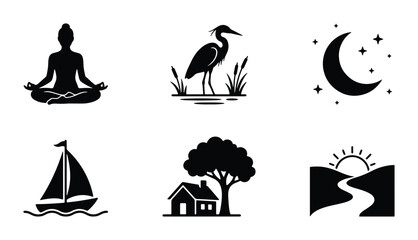Fototapeta premium Zen Meditation Silhouette, Heron Bird Icon, Crescent Moon Stars, Sailboat Vector, House Tree Scene, Sunrise Landscape Icons