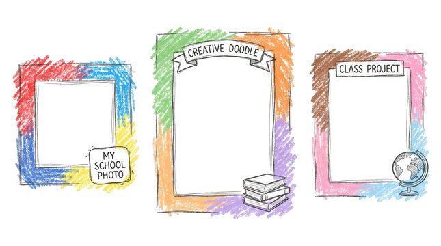 Set of creative hand drawn doodle frames with labels and school elements as isolated element