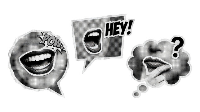 Monochrome halftone comic style speech bubbles with talking mouths and expressions as isolated element