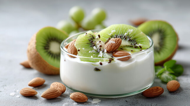 Healthy Greek yogurt breakfast with kiwi slices and almonds, Scandinavian style kitchen background, shallow depth of field