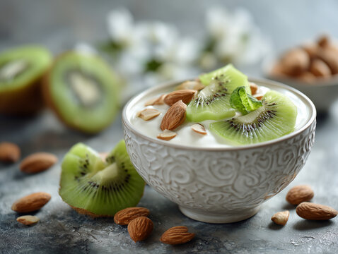 Healthy Greek yogurt breakfast with kiwi slices and almonds, Scandinavian style kitchen background, shallow depth of field