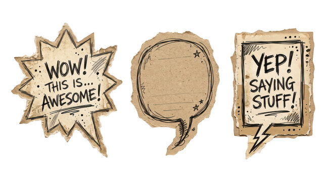 Drawn sketch style speech bubble set with grunge texture and expressive text as PNG asset