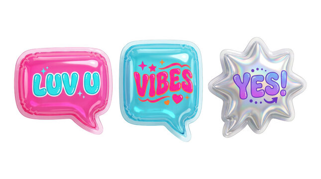 Metallic balloon style speech bubbles with social media slogans metallic communication collection typography expression celebration inflated as cut out PNG