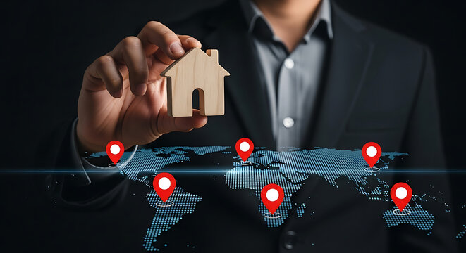 Businessman holding a wooden house model. Real estate agent planning global property sales.