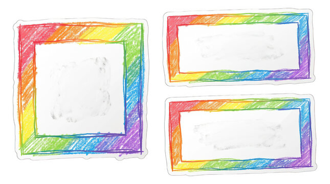 Set of hand drawn rainbow colored frames and borders in crayon texture style as PNG asset