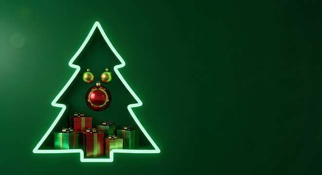 Neon Christmas tree outline on green background. Festive holiday card with gift boxes.