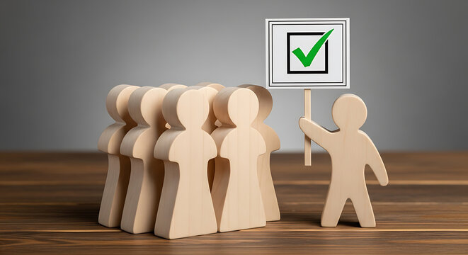 Wooden figure holding a checkmark sign. Concept of voting or choosing the right candidate.