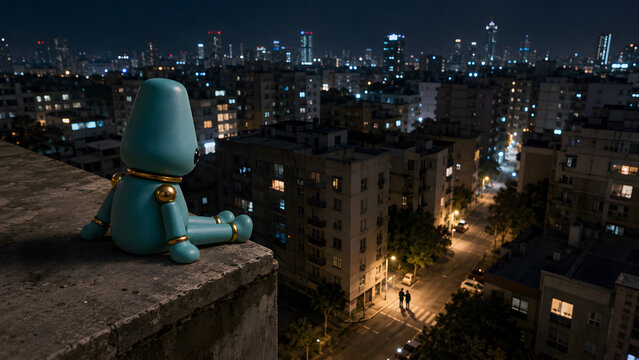 Lonely Futuristic Robot Watching a Couple from a Rooftop Above the City at Night
