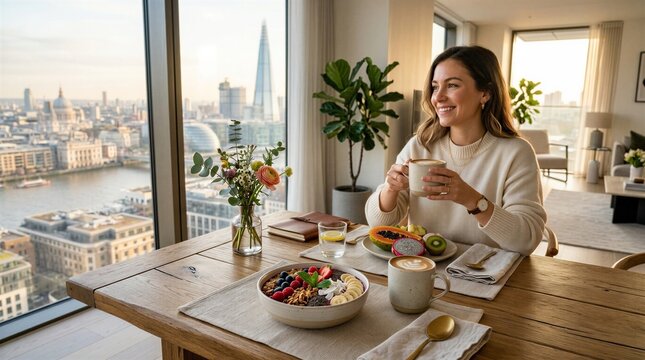 Enjoying A Colorful Breakfast With A Stunning Cityscape View For Stock Images