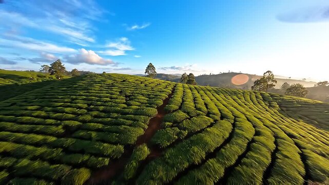 Scenic tea plantation with neat rows across rolling green hills.  Drone view