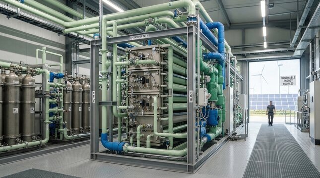 Green hydrogen plant with pem electrolyzer stack, water feed lines, compression cylinders, and pipework for renewable energy storage and decarbonization.