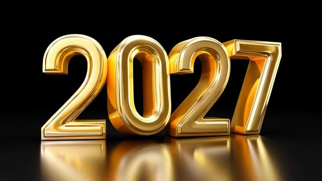 Shiny gold 2027 numbers rotating on reflective surface in highresolution closeup