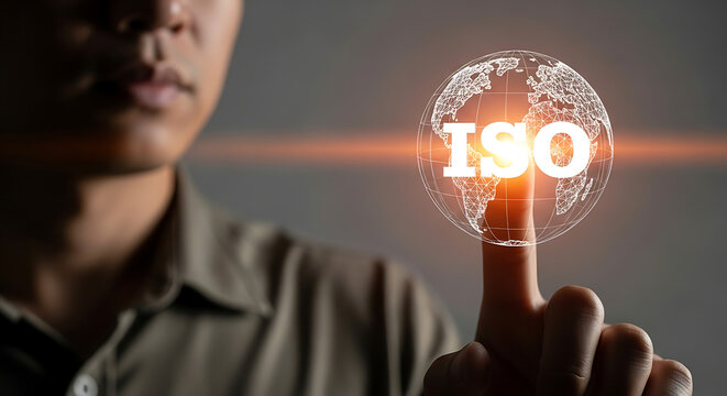 Businessman touching ISO certification icon. Professional quality management system concept.