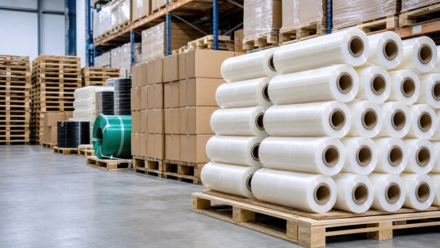 Shelves filled with boxes and rolls of shrink wrap in a warehouse during daytime