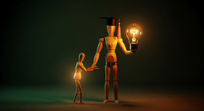 Wooden mannequin with graduation cap holding lightbulb. Concept of education and innovation.