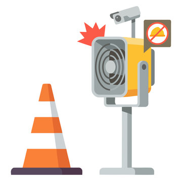 A stylized illustration warns of automated PPE systems. A traffic cone, speed limit sign, and camera highlight safety concerns. Modern, flat design.