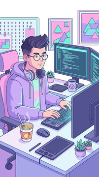Programmer Working on Computer, Coding and Developing Software, Pastel Aesthetic