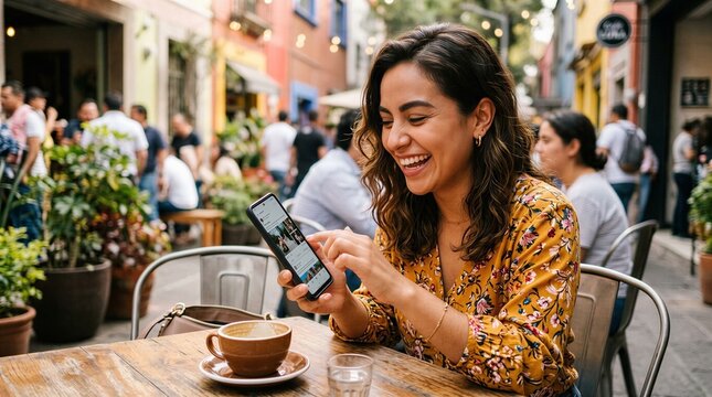 Joyful Woman Smiling And Interacting With Her Smartphone At A Lively Outdoor Cafe.
