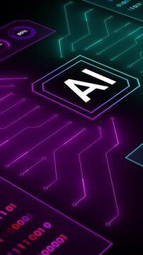 Angled 9:16 layout with centered AI logo surrounded by animated circuit lines and binary code analytics panels.