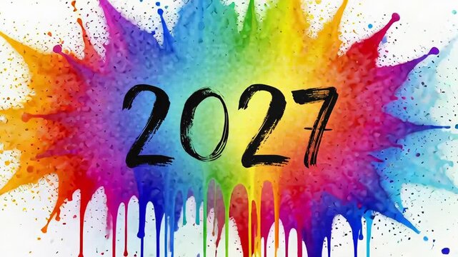 Vibrant watercolor explosion revealing 2027 in dynamic colorful splashes